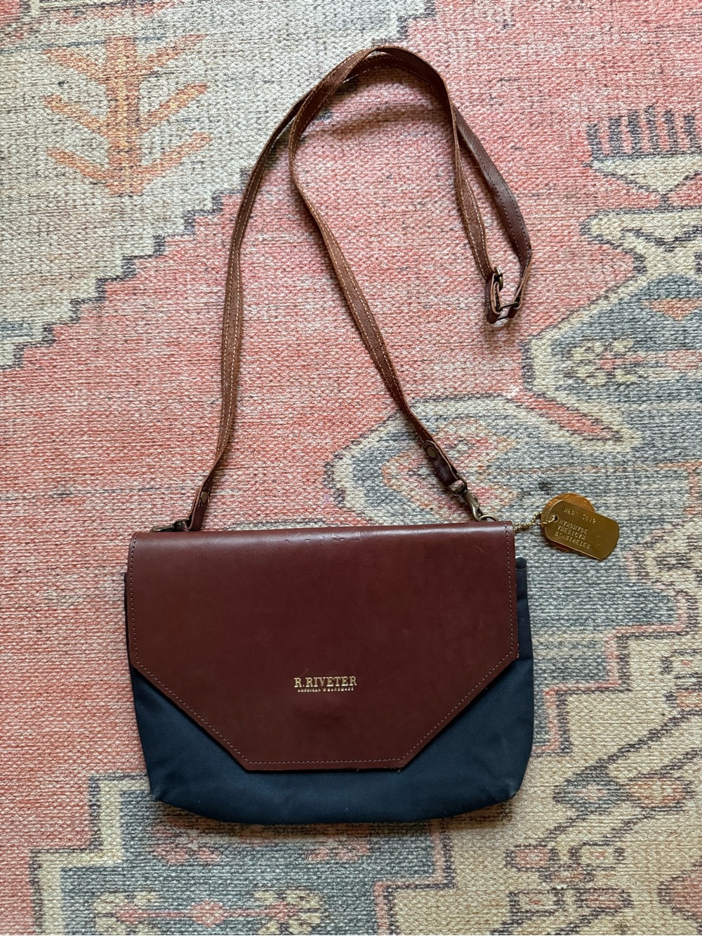 R. Riveter Patton Crossbody | Brown Leather + Black Canvas